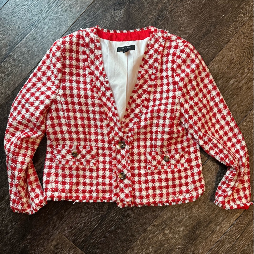 Ann Taylor Red and White Tweed Blazer Jacket